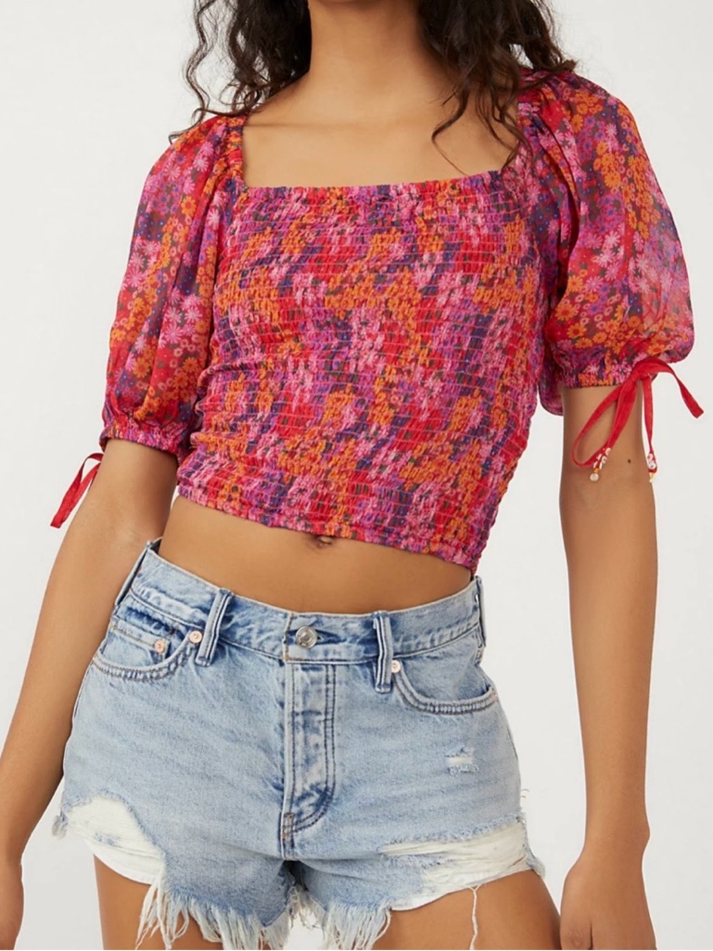 Free People Pink Multi Floral Smocked Puff Sleeve Crop